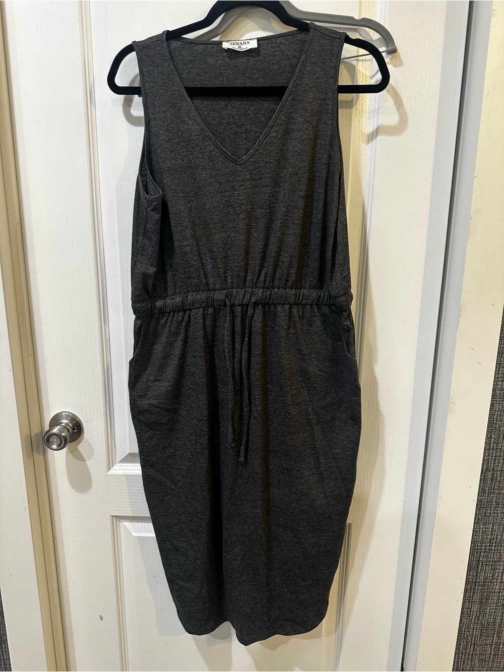 Zenana Outfitters Charcoal V-Neck Drawstring Midi Dress